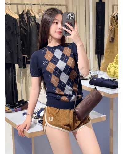 MIUMIU 미우미우 캐시미어 아가일 반팔 니트