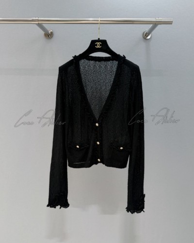 Chanel 샤넬 블랙 와플 카라 V넥 가디건