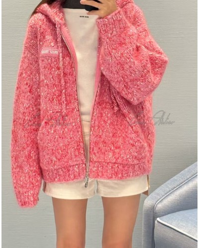 Pink knit hooded zip-up