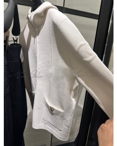 White printed knit hooded zip-up