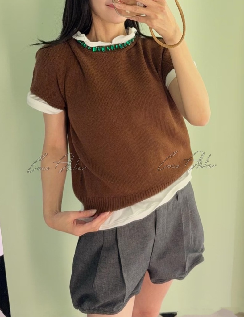 Beads short-sleeved knit & pants